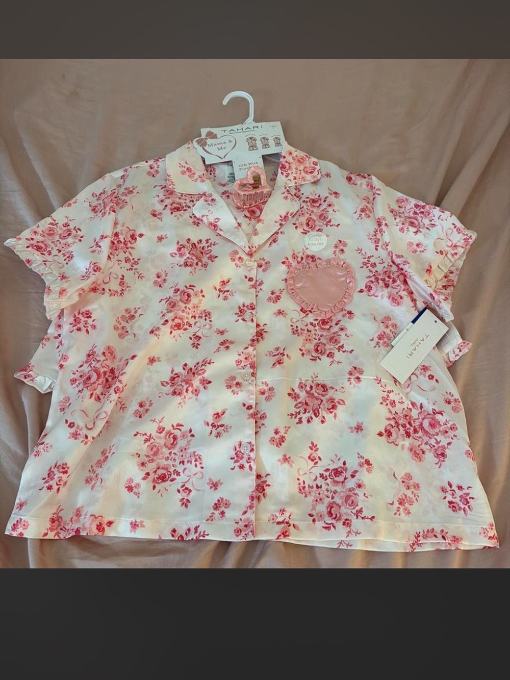 Tahari White and Pink Floral Button-Front Kids Shirt with Heart Pocket